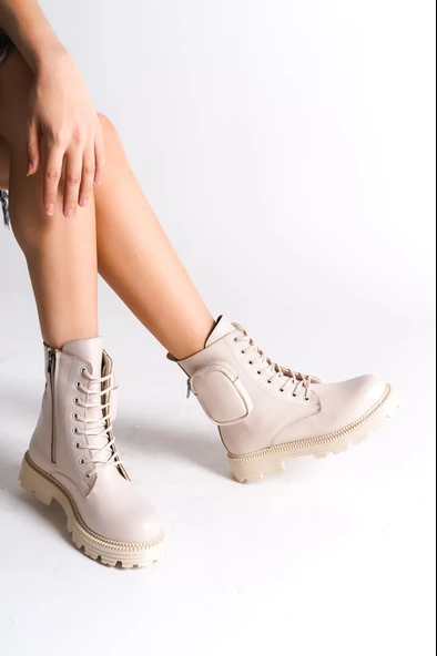 GİNA Bağcıklı Fermuarlı Ortopedik Taban Suya ve Soğuğa Dayanıklı Çantalı Kadın Bot KT Krem - Resim 3