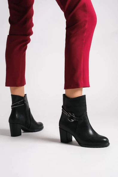 EDNA Fermuarlı Ortopedik Taban Suya ve Soğuğa Dayanıklı Taşlı Topuklu Kadın Bot ST Siyah - 2