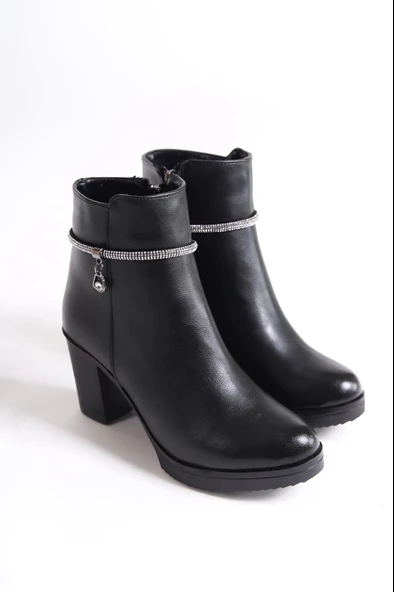 ARİA Fermuarlı Ortopedik Taban Suya ve Soğuğa Dayanıklı Taşlı Topuklu Kadın Bot ST Siyah - Resim 4