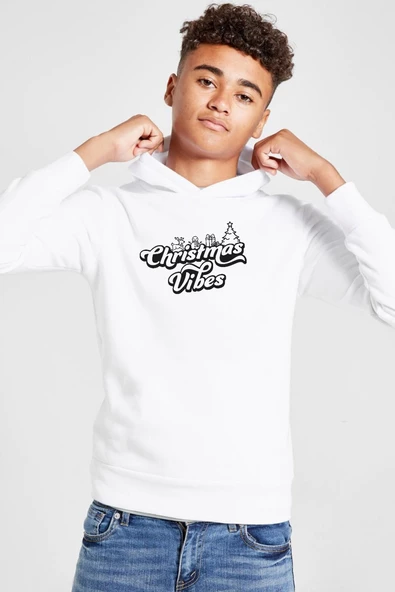 Christmas Vibes Beyaz Çocuk 3ip Kapşonlu  Sweatshirt