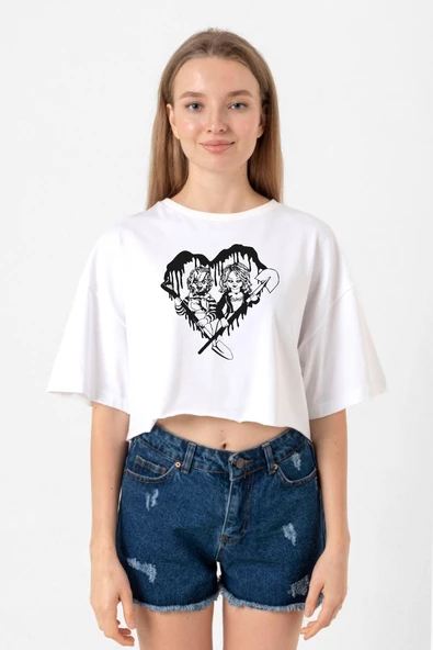 Chucky And Bride Horror Beyaz Kadın Crop Tshirt ürün görseli 1
