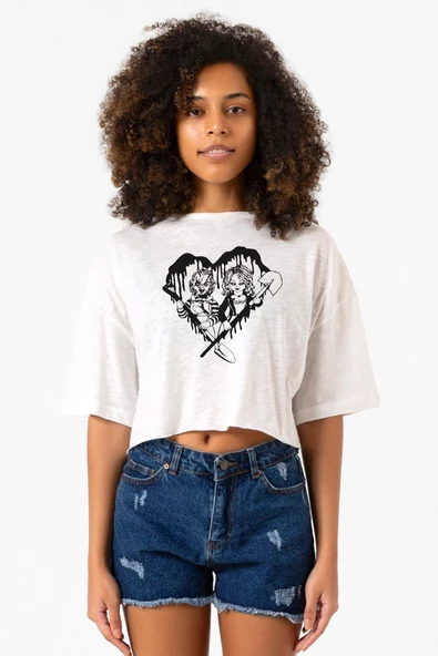 Chucky And Bride Horror Beyaz Kırçıllı Kadın Crop Tshirt - 1