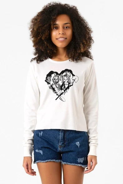 Chucky And Bride Horror Ekstra Uzunkol Sweatshirt Ekru