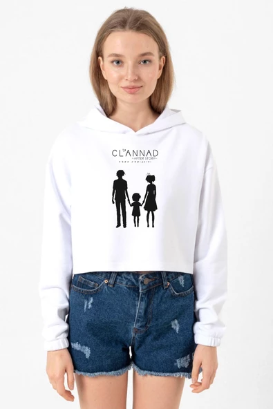 Clannad Anime After Story Beyaz Optik Kadın Crop Kapşonlu