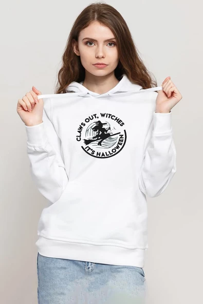 Claws Out Witches Its Halloween Beyaz Kadın 3ip Kapşonlu Sweatshirt ürün görseli
