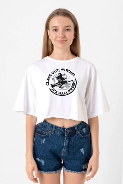 Claws Out Witches Its Halloween Beyaz Kadın Crop Tshirt