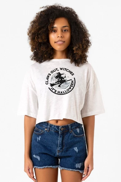 Claws Out Witches Its Halloween Beyaz Kırçıllı Kadın Crop Tshirt