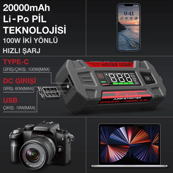 Lokithor J2500 12V 2500Amp LiFePO4 Akıllı Akü Takviye + Powerbank + Led Lamba - Resim 6