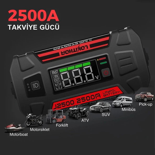 Lokithor J2500 12V 2500Amp LiFePO4 Akıllı Akü Takviye + Powerbank + Led Lamba - Resim 8