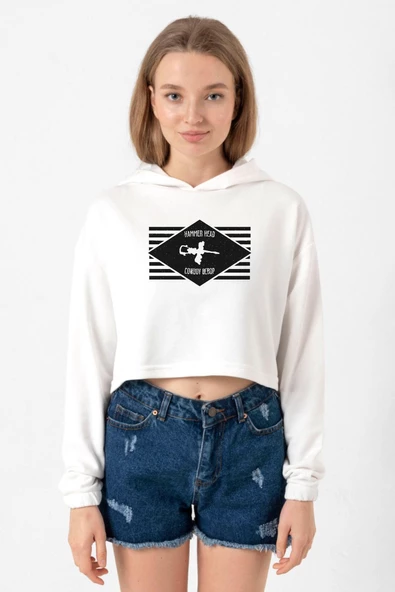 Cowboy Bebop Hammer Head Ekru Kadın Crop Kapşonlu