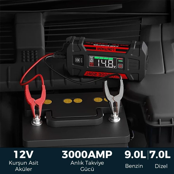 Lokithor J402 12V 3000Amp Li-Polimer Akıllı Akü Takviye + Powerbank + Led Lamba - Resim 9