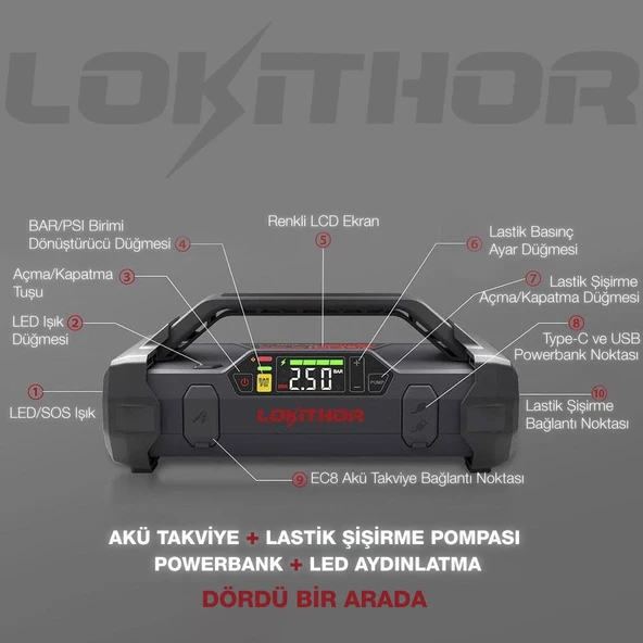 Lokithor JA2500 12V 2500Amp LiFePO4 Akıllı Akü Takviye + Pompa + Powerbank + Led Lamba - Resim 11