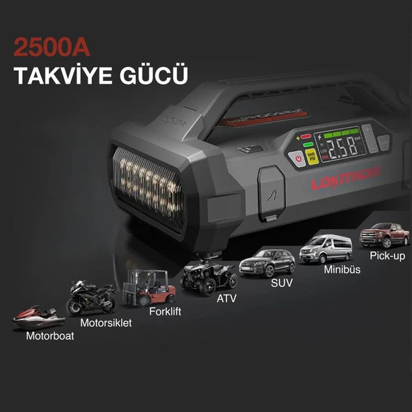 Lokithor JA2500 12V 2500Amp LiFePO4 Akıllı Akü Takviye + Pompa + Powerbank + Led Lamba - Resim 7