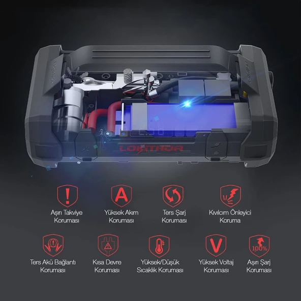 Lokithor JA2500 12V 2500Amp LiFePO4 Akıllı Akü Takviye + Pompa + Powerbank + Led Lamba - Resim 6