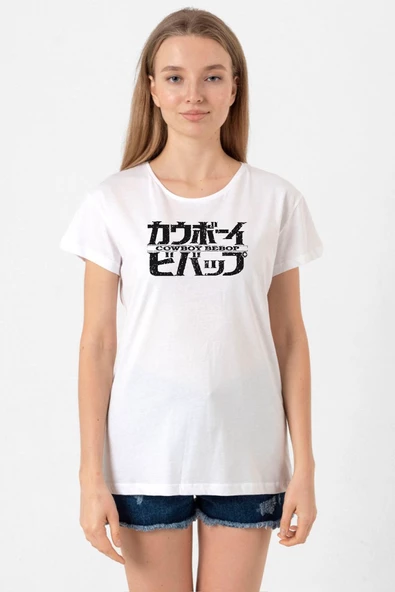 Cowboy Bebop Retro Letter Logo Beyaz Kadın Bisikletyaka Tshirt