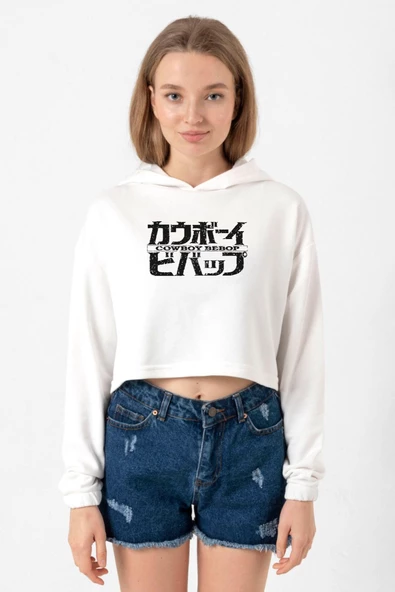Cowboy Bebop Retro Letter Logo Ekru Kadın Crop Kapşonlu ürün görseli
