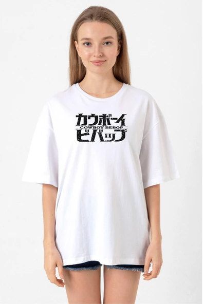 Cowboy Bebop Retro Letter Logo Beyaz Kadın Oversize Tshirt