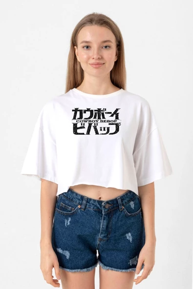 Cowboy Bebop Retro Letter Logo Beyaz Kadın Crop Tshirt