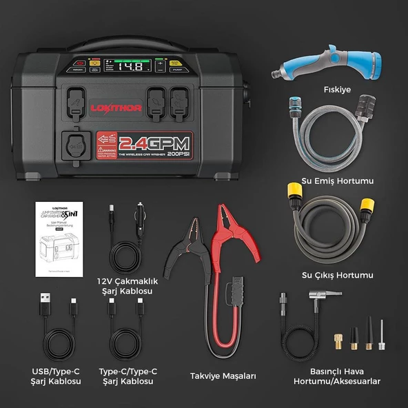 Lokithor AW401 12V 2500Amp Li-Polimer Akıllı Akü Takviye + Pompa + Basınçlı Yıkama + Powerbank + Led Lamba - 12