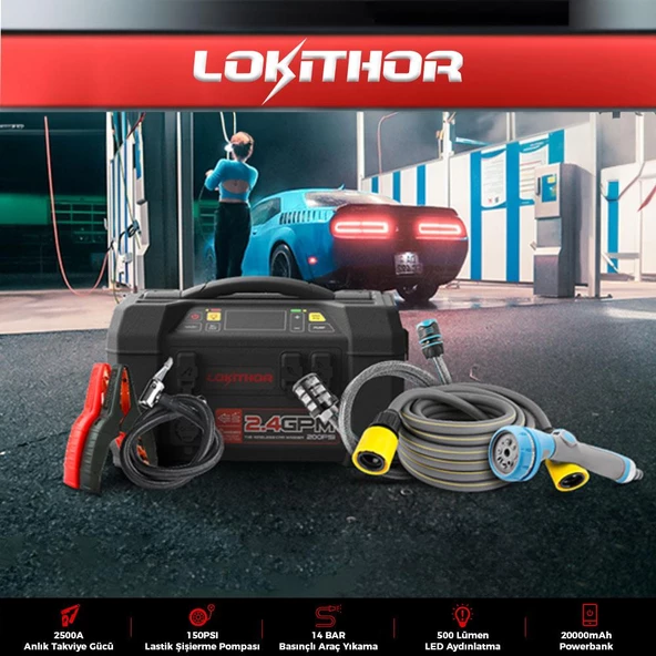 Lokithor AW401 12V 2500Amp Li-Polimer Akıllı Akü Takviye + Pompa + Basınçlı Yıkama + Powerbank + Led Lamba - 11