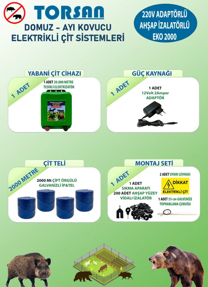 TORSAN 220V ADAPTÖRLÜ EKO 2000 Elektrikli Çit Sistemi ( Domuz - Ayı Kovucu ) 2000MT