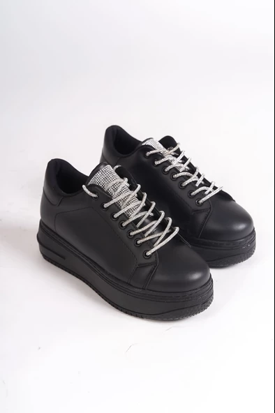 DELLA Bağcıklı Ortopedik Taban Taşlı Kadın Sneaker Ayakkabı ST Siyah - 4