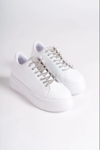 DELLA Bağcıklı Ortopedik Taban Taşlı Kadın Sneaker Ayakkabı BT Beyaz - 4