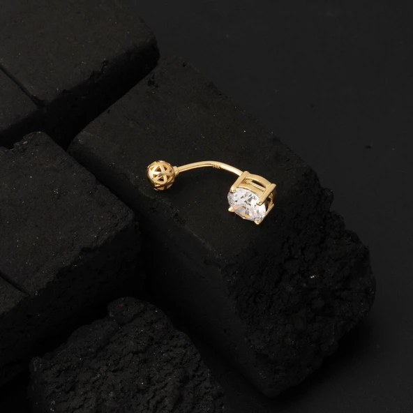 14 Ayar Tektaşlı Altın Göbek Piercing - Resim 5