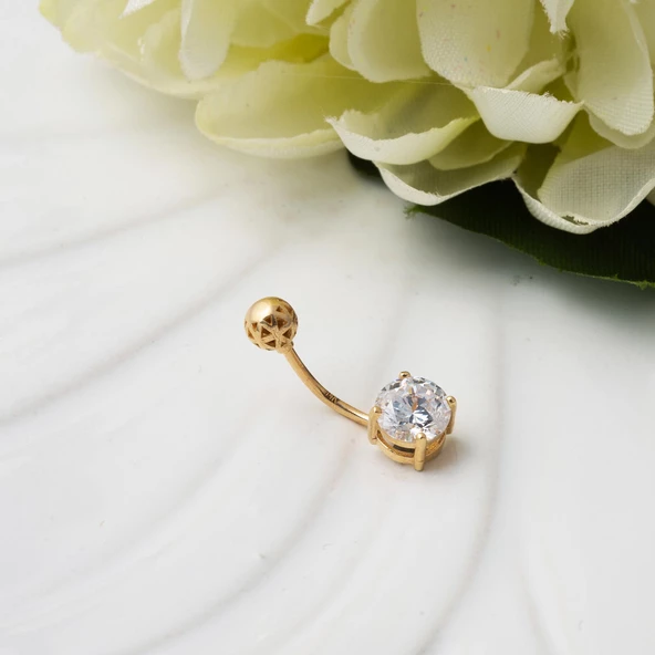 14 Ayar Tektaşlı Altın Göbek Piercing - Resim 2