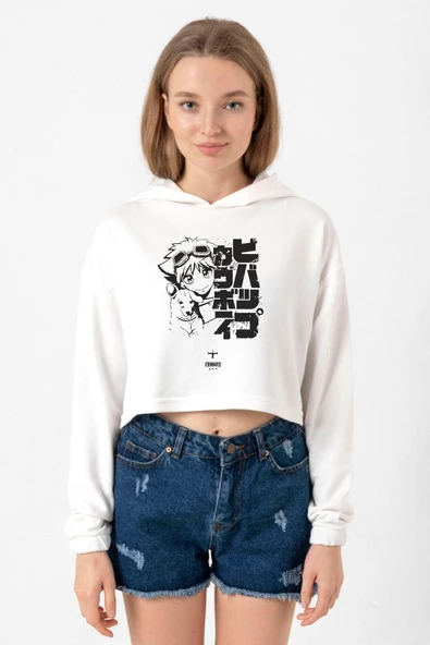 Cowboy Bebop Vintage Ein and Ed Ekru Kadın Crop Kapşonlu