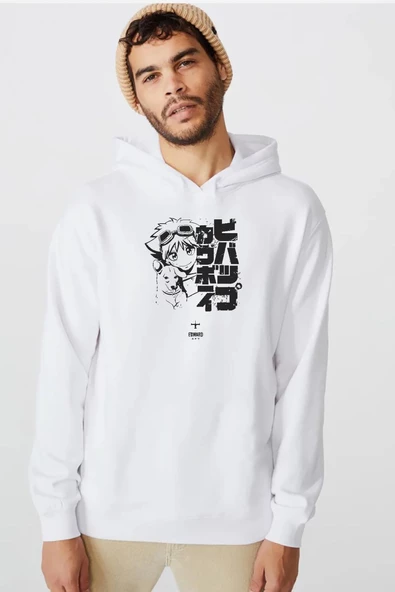 Cowboy Bebop Vintage Ein and Ed Beyaz Erkek 3ip Kapşonlu  Sweatshirt