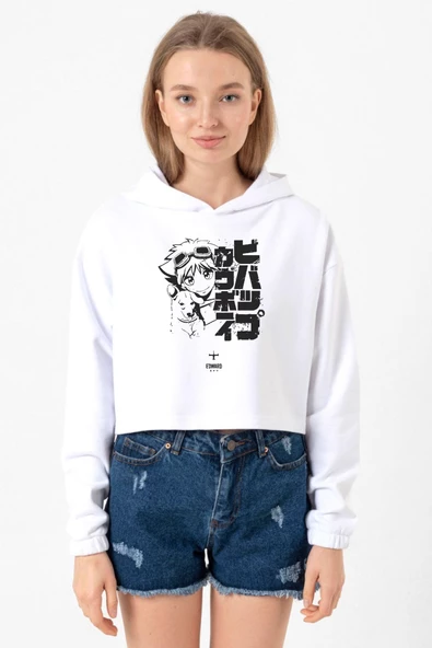 Cowboy Bebop Vintage Ein and Ed Beyaz Optik Kadın Crop Kapşonlu