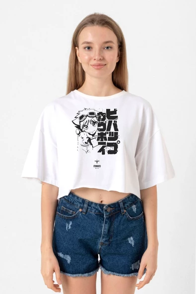 Cowboy Bebop Vintage Ein and Ed Beyaz Kadın Crop Tshirt