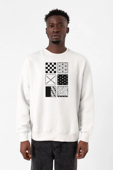 Demon Slayer Anime Patterns Beyaz Erkek 2ip Sweatshirt - 1