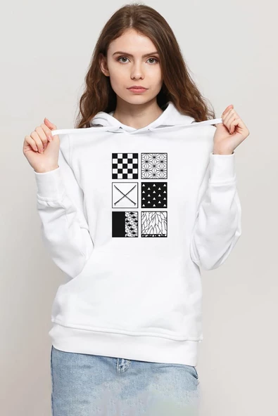 Demon Slayer Anime Patterns Beyaz Kadın 3ip Kapşonlu Sweatshirt ürün görseli 1