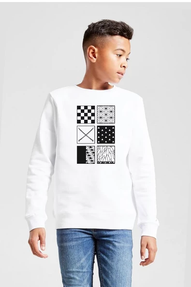 Demon Slayer Anime Patterns Beyaz Çocuk 2ip Sweatshirt