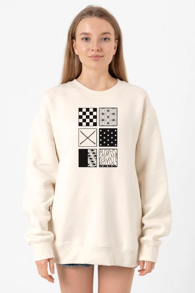 Demon Slayer Anime Patterns Ekru Kadın 2ip Sweatshirt ürün görseli