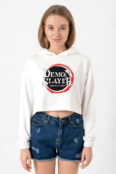 Demon Slayer Anime Squad Demon Slayer Kimetsu No Yaiba Ekru Kadın Crop Kapşonlu ürün görseli 1