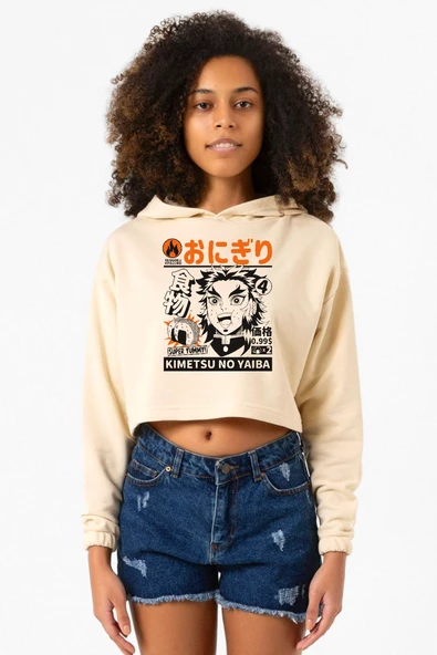 Demon Slayer Anime Super Yummy Bej Kadın Crop Kapşonlu ürün görseli