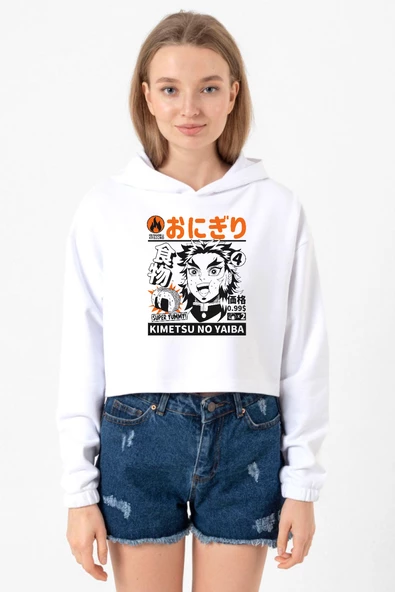Demon Slayer Anime Super Yummy Beyaz Optik Kadın Crop Kapşonlu ürün görseli 1