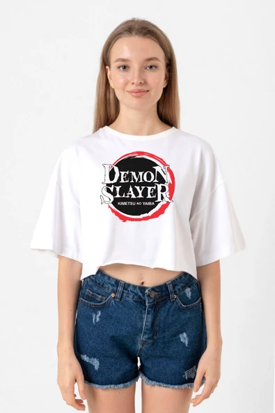 Demon Slayer Anime Squad Demon Slayer Kimetsu No Yaiba Beyaz Kadın Crop Tshirt ürün görseli 1
