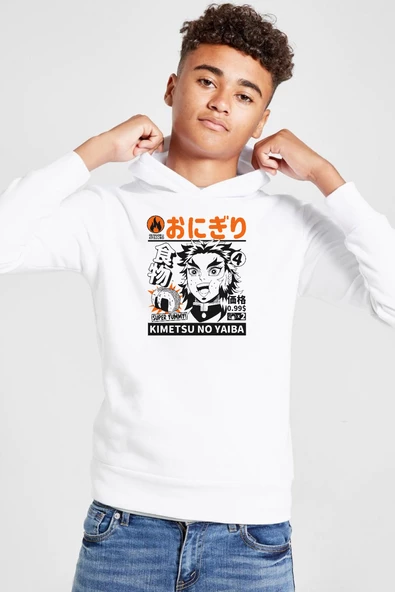 Demon Slayer Anime Super Yummy Beyaz Çocuk 3ip Kapşonlu  Sweatshirt