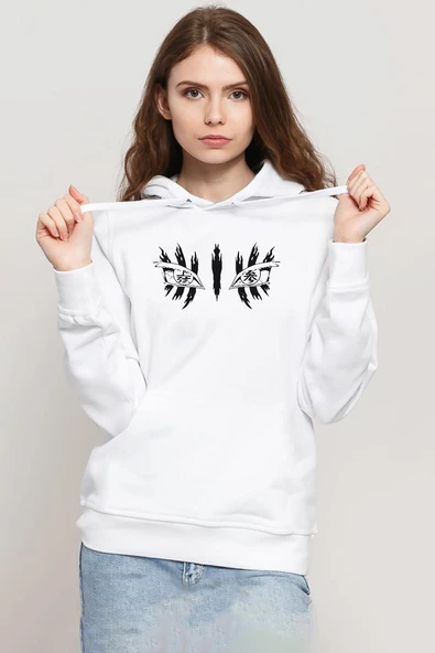 Demon Slayer Anime Upper Moon Demon Eyes Beyaz Kadın 3ip Kapşonlu Sweatshirt