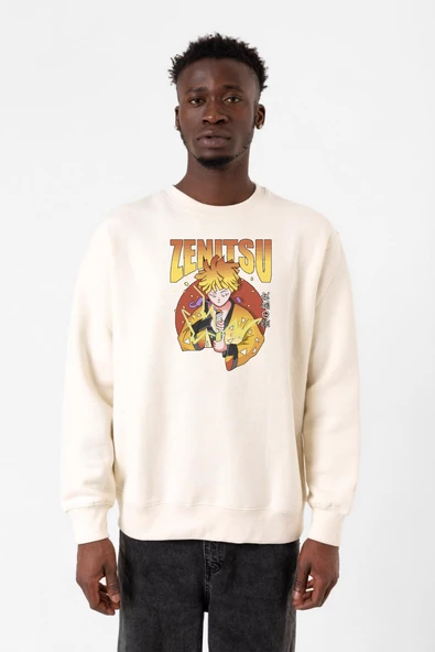 Demon Slayer Anime Zenitsu Poster Ekru Erkek 2ip Sweatshirt