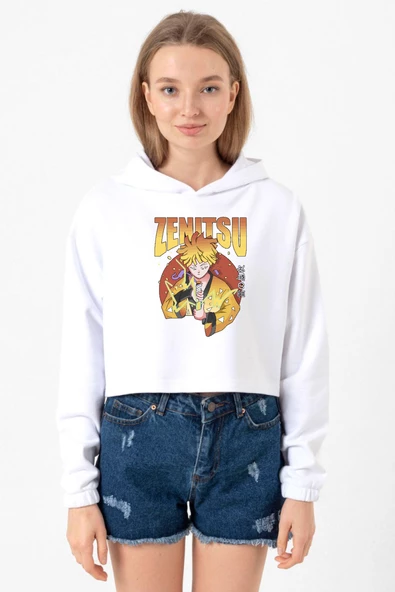 Demon Slayer Anime Zenitsu Poster Beyaz Optik Kadın Crop Kapşonlu ürün görseli