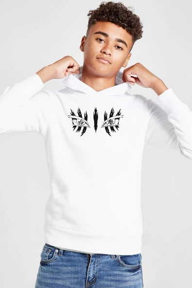 Demon Slayer Anime Upper Moon Demon Eyes Beyaz Çocuk 3ip Kapşonlu  Sweatshirt