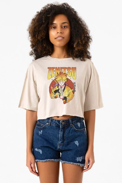 Demon Slayer Anime Zenitsu Poster Bej Kadın Crop Tshirt