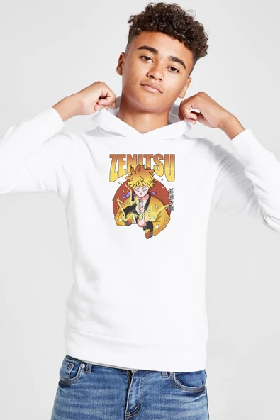 Demon Slayer Anime Zenitsu Poster Beyaz Çocuk 3ip Kapşonlu  Sweatshirt