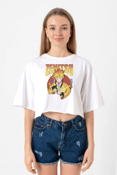 Demon Slayer Anime Zenitsu Poster Beyaz Kadın Crop Tshirt ürün görseli 1