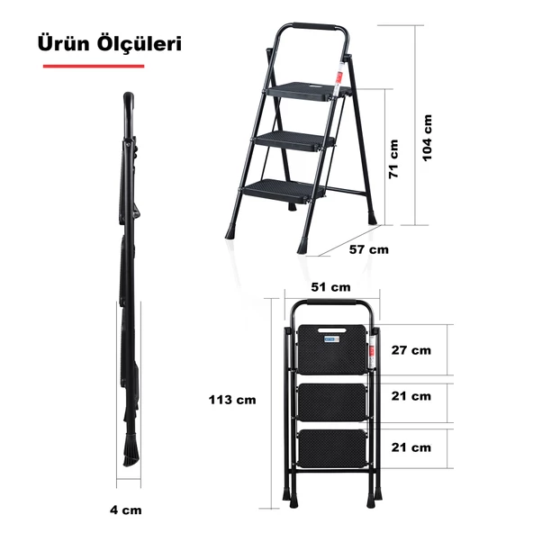 Eurostep 3 Basamak Siyah Merdiven Geniş Basamaklı Eurotower - Resim 2